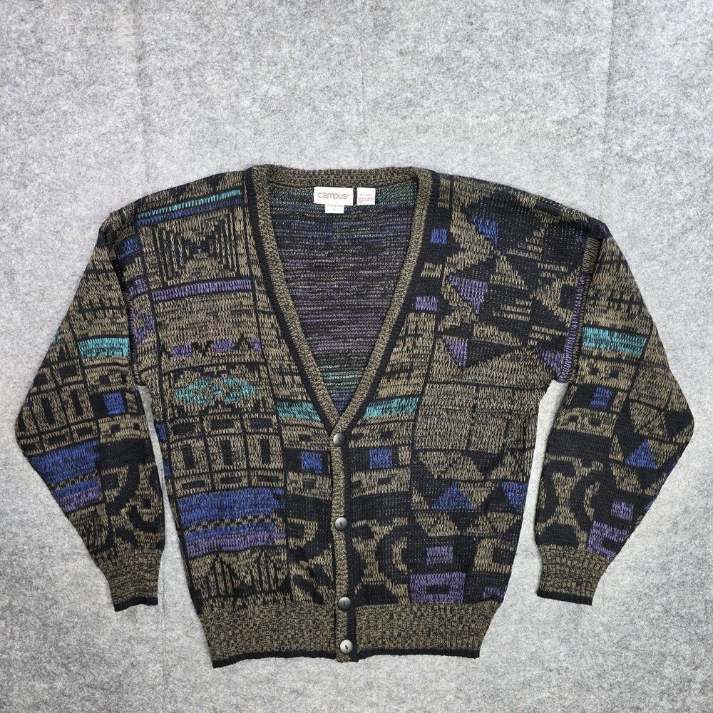 Vintage Campus Sweater Mens Large Multicolor Cardigan Geometric Knit Button 90s‎